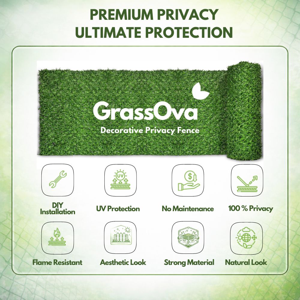 Before and after comparison of open chain link fence and GrassOva artificial grass privacy cover