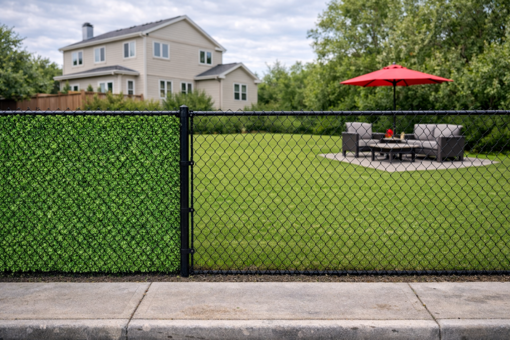 Artificial grass privacy fence installed over black chain link fence in a residential Canadian backyard